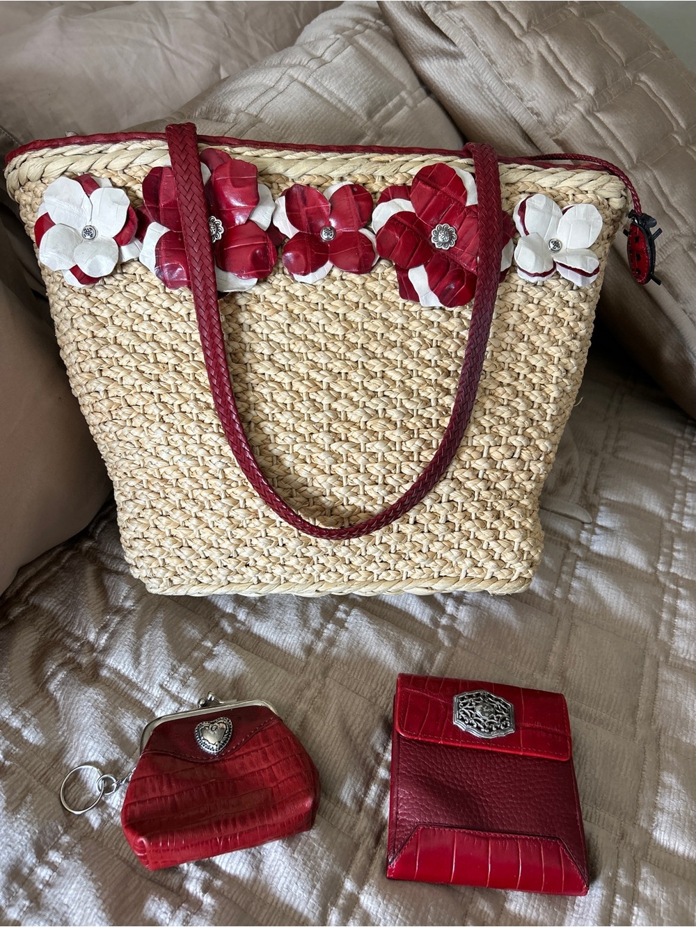 Brighton Natural Straw Tote with Red & White Floral Trim plus wallet and purse